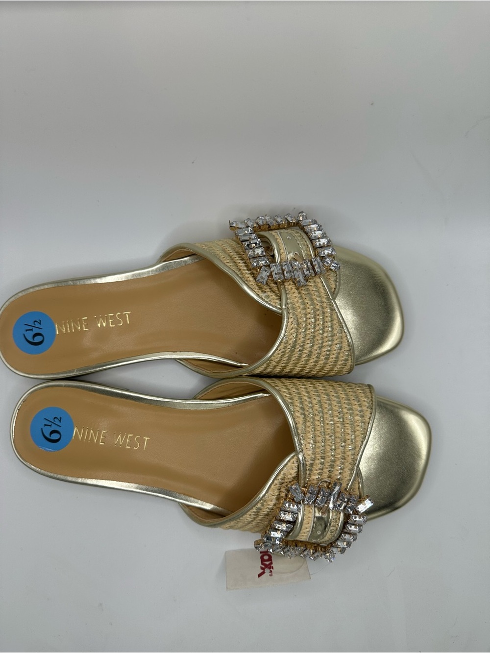Nine West Gold Woven Slide Sandals with Crystal Buckle